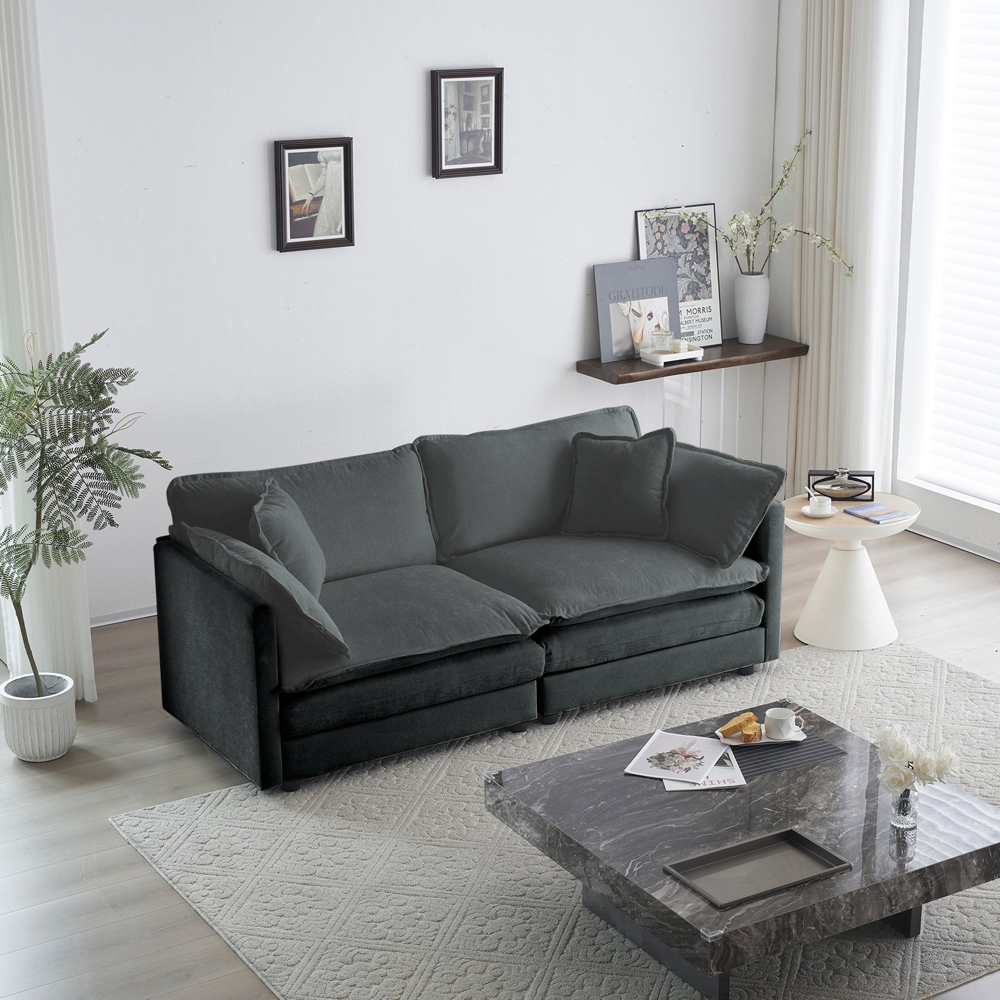 Modern Fabric Loveseat Sofa Couch for Living Room, Upholstered Large Size Deep Seat 2-Seat Sofa with 4 Pillows ,Gray Chenille