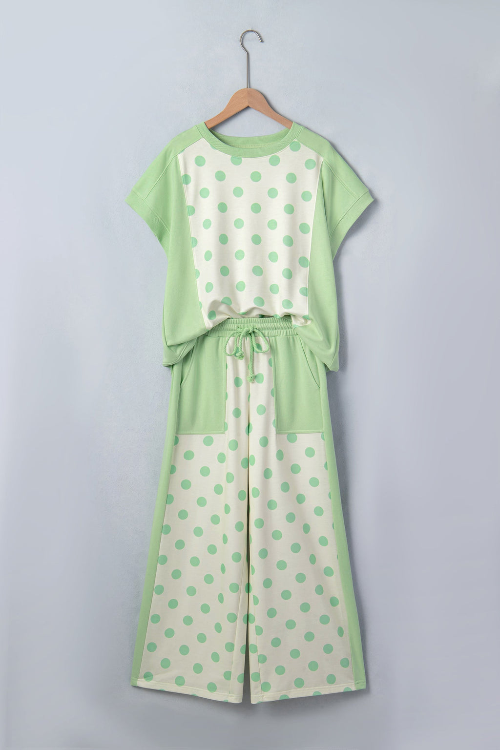 Polka Dot Patchwork Top & Wide Leg Pants Set