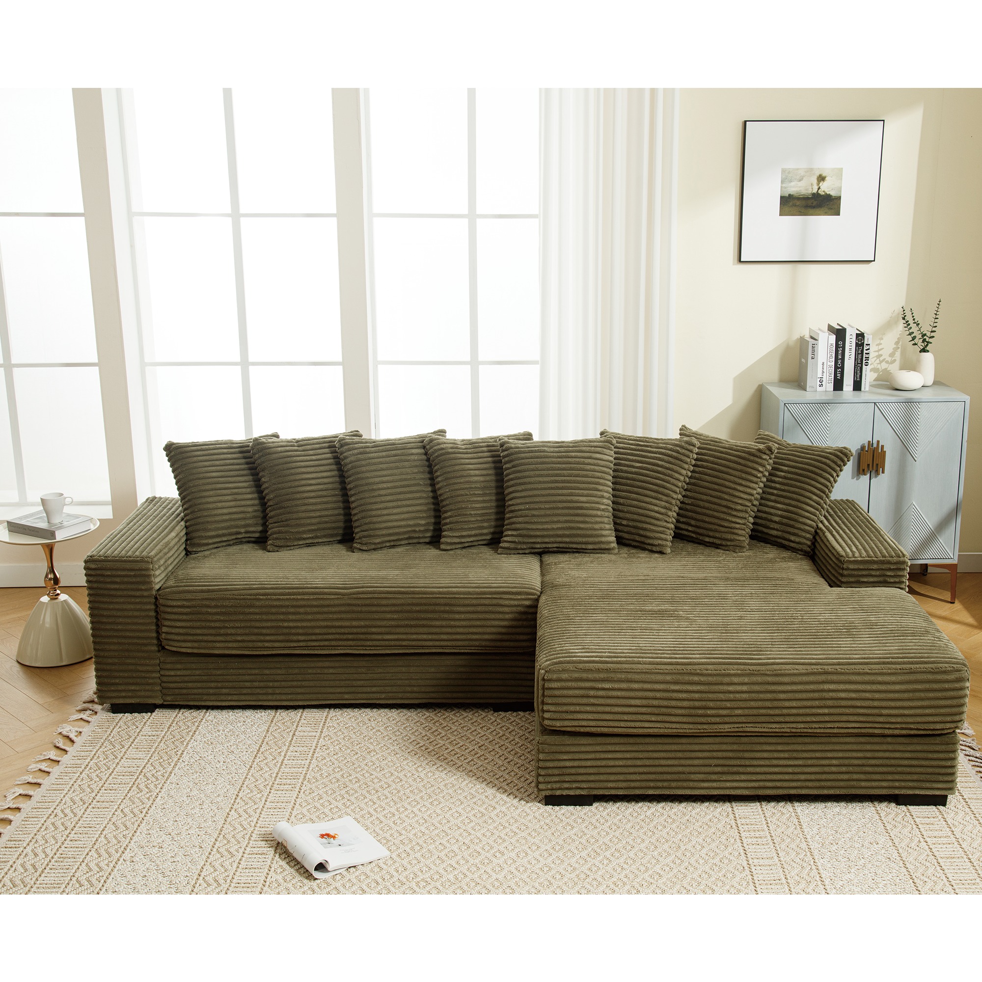 [NEW ARRIVED] [VIDEO PROVIDED] Oversized Two-Piece Couches, L Shaped Sofa, Corduroy, Right Chaise Daybed,with Armrests,Eight Throw Pillows,Corner Sofa,Easy To Assemble, Green
