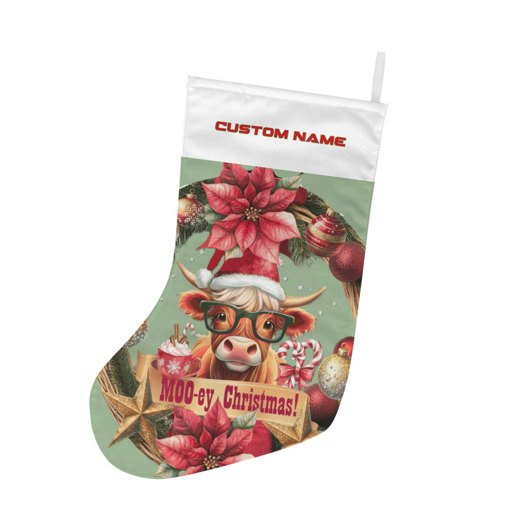 Personalizable Moo-ey Christmas Highland Cow with Glasses Christmas Stocking (Made in USA)