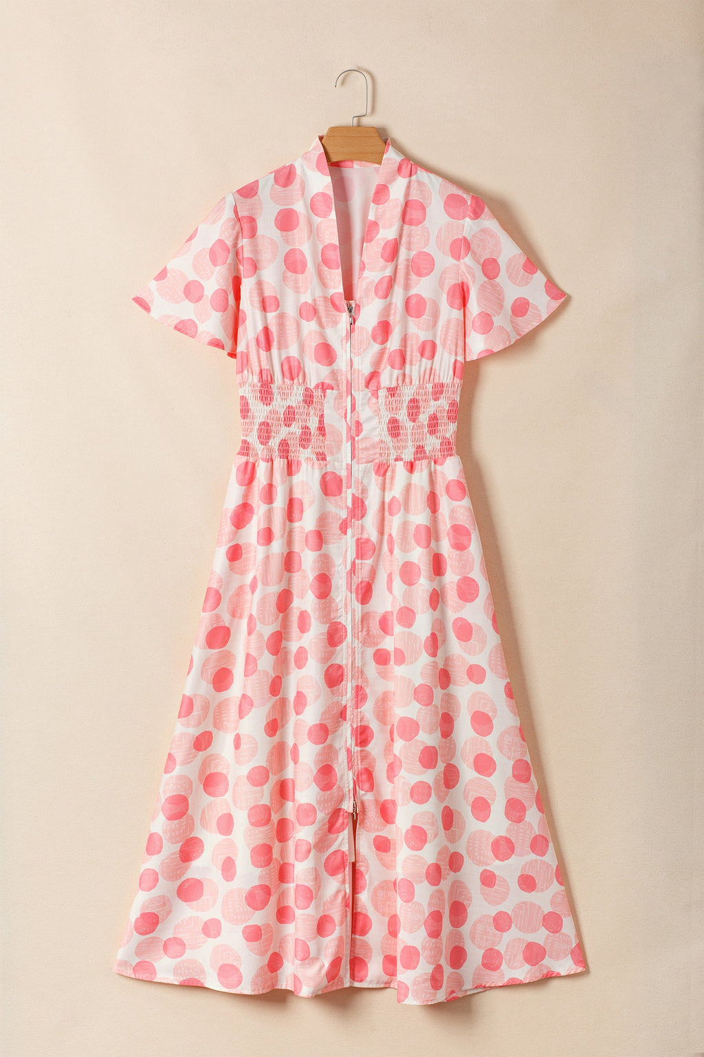 Polka Dot Ruffle Zip Up Short Sleeve Midi Dress
