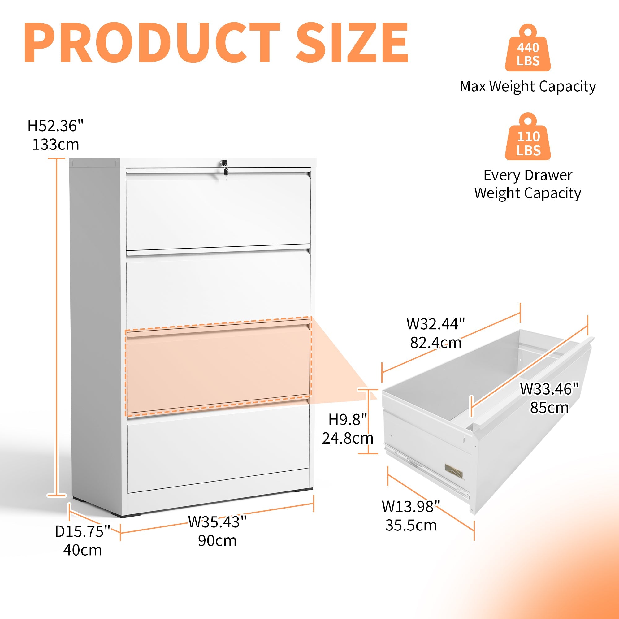 Modern Steel 4-Drawer Lateral File Cabinet with Lock, White Finish, Metal Construction, 35.43x15.75x52.28 inches