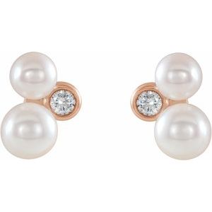 14K Rose Gold Cultured White Akoya Pearl & 1/8 CTW Natural Diamond Earrings