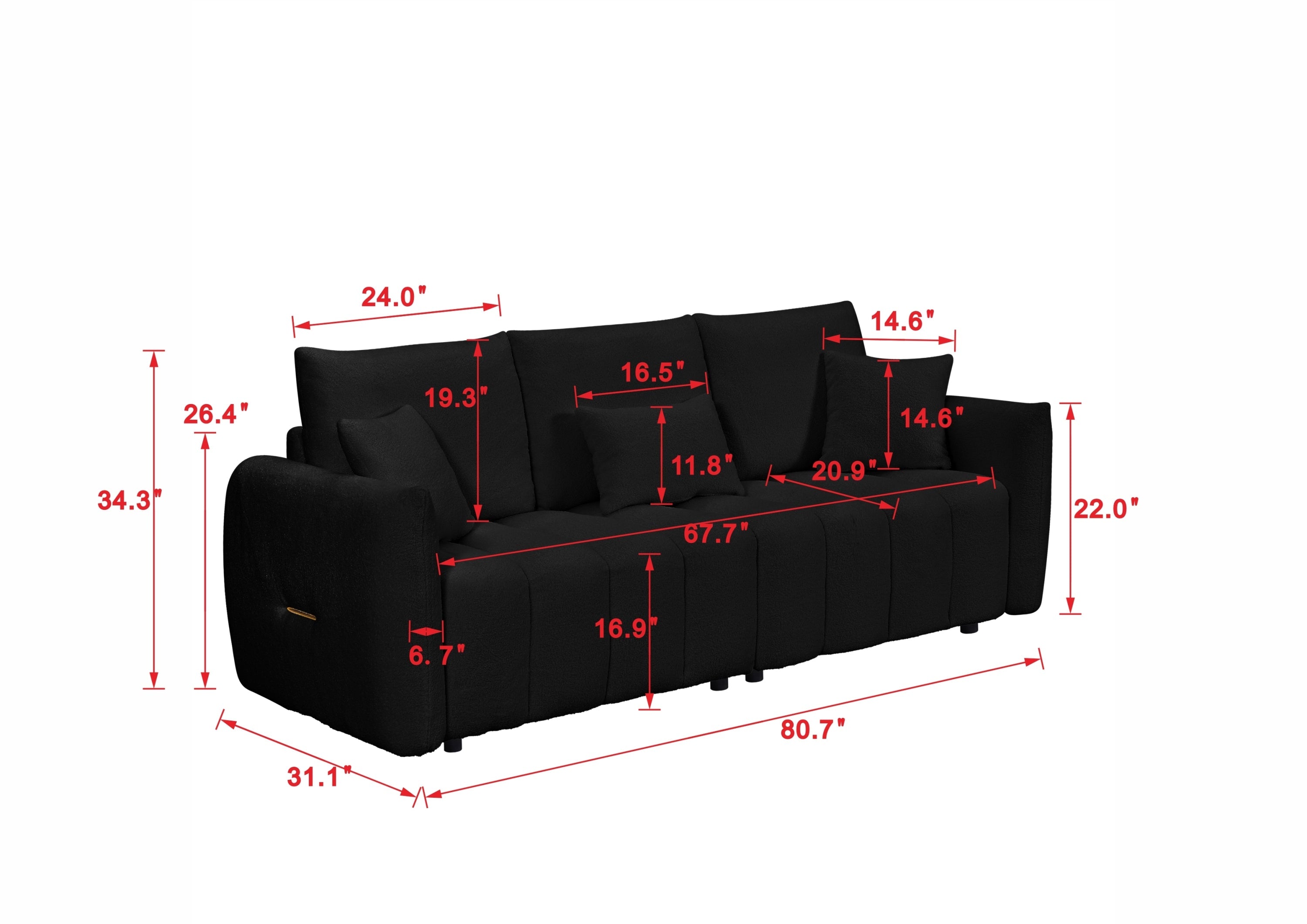 80.7 inch premium Teddy fabric sofa with 3 back pillows and 3 back cushions Solid wood frame 3 seat sofa with oversized upholstered chair for living room, bedroom, apartment and office