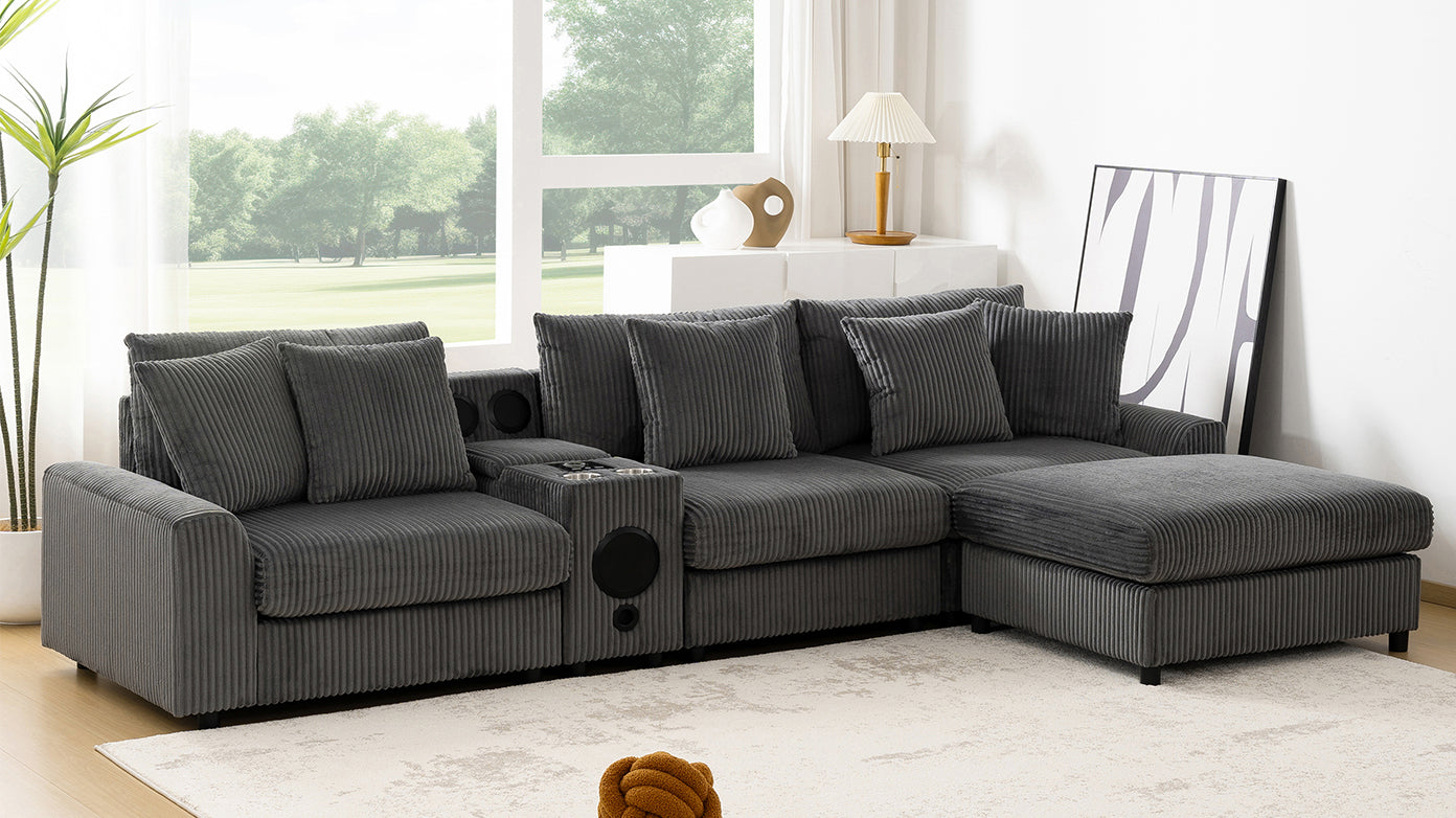 Modular Corduroy Sectional Sofa with Bluetooth Speakers, USB Charger, Cup Holders, Storage, and Ottoman in Dark Gray