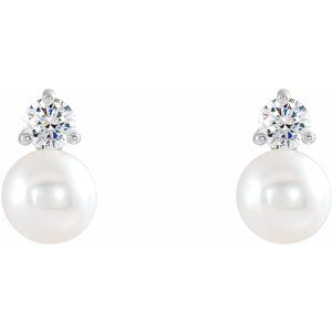 Sterling Silver Cultured White Freshwater Pearl & 1/8 CTW Natural Diamond Earrings