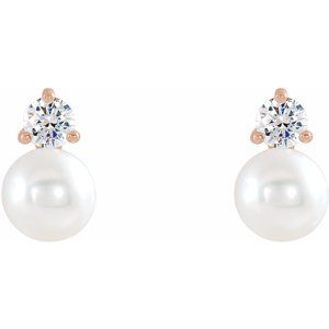 14K Rose Gold Cultured White Freshwater Pearl & 1/8 CTW Natural Diamond Earrings