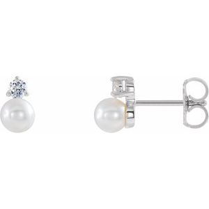 Sterling Silver Cultured White Freshwater Pearl & 1/8 CTW Natural Diamond Earrings