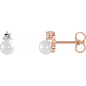 14K Rose Gold Cultured White Freshwater Pearl & 1/5 CTW Natural Diamond Earrings