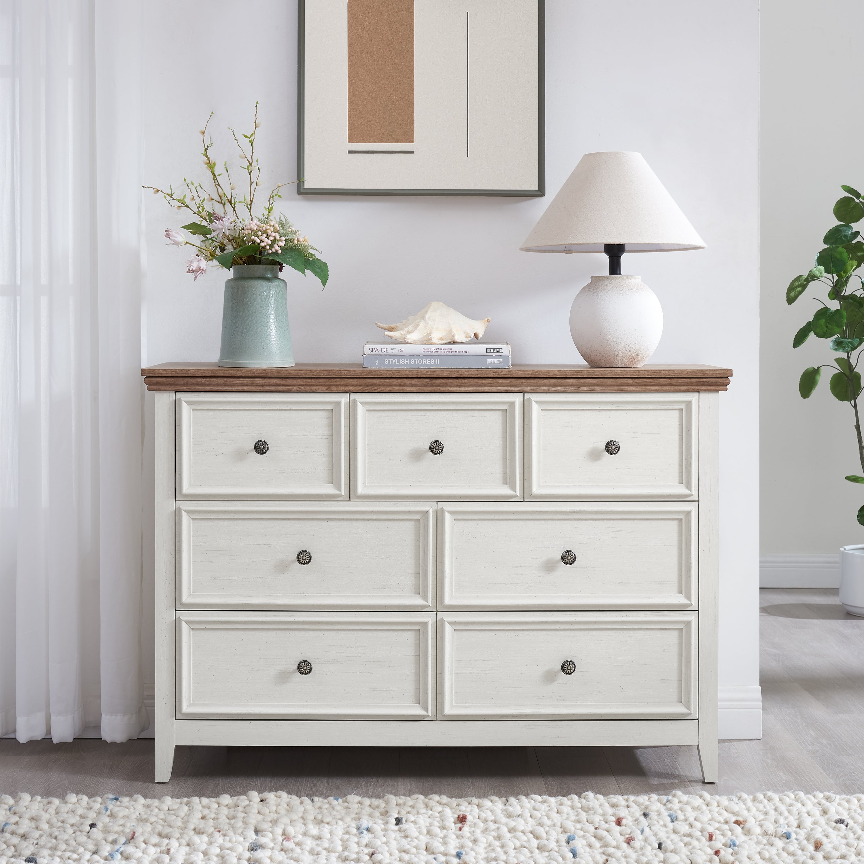 Modern 7 Drawers Dresser 7 Drawers Cabinet,Chest of Drawers Closet Organizers and Storage Clothes Storage Drawers Cabinet for Living Room, Farmhouse Dresser Organizer BEIGE