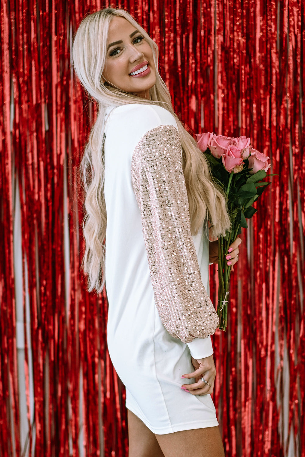 Valentine Sequin Patchwork Puff Sleeve Mini Dress