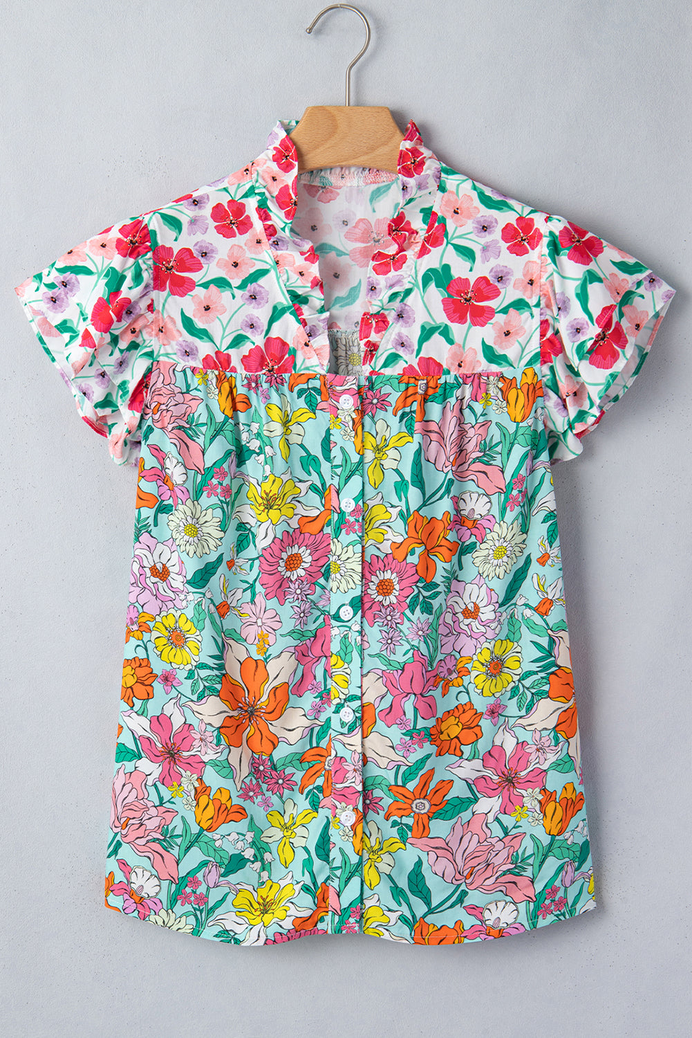 Floral Flutter Sleeve Split Neck Buttoned Blouse