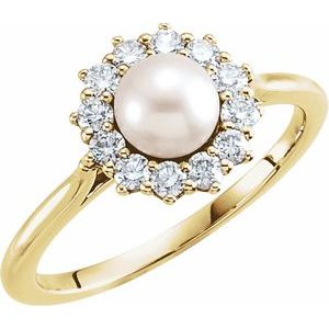14K Yellow Gold Cultured White Freshwater Pearl & 3/8 CTW Natural Diamond Ring