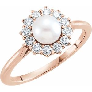 14K Rose Gold Cultured White Freshwater Pearl & 3/8 CTW Natural Diamond Ring