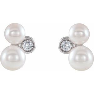 Sterling Silver Cultured White Akoya Pearl & 1/8 CTW Natural Diamond Earrings
