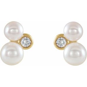 14K Yellow Gold Cultured White Akoya Pearl & 1/8 CTW Natural Diamond Earrings