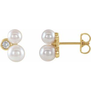 14K Yellow Gold Cultured White Akoya Pearl & 1/8 CTW Natural Diamond Earrings