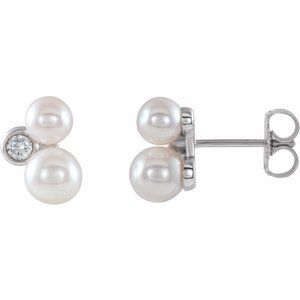 14K White Gold Cultured White Akoya Pearl & 1/8 CTW Natural Diamond Earrings
