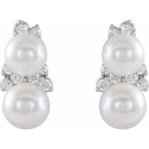 Platinum Cultured White Freshwater Pearl & 1/10 CTW Natural Diamond Ear Climbers
