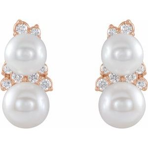 14K Rose Gold Cultured White Freshwater Pearl & 1/10 CTW Natural Diamond Ear Climbers