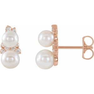14K Rose Gold Cultured White Freshwater Pearl & 1/10 CTW Natural Diamond Ear Climbers