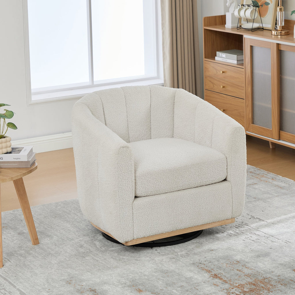 Modern Ivory Chenille Cushioned Metal Base Swivel Barrel Chair, 32.28' Wide Upholstered Tufted Pumpkin-Shape Club Armchair