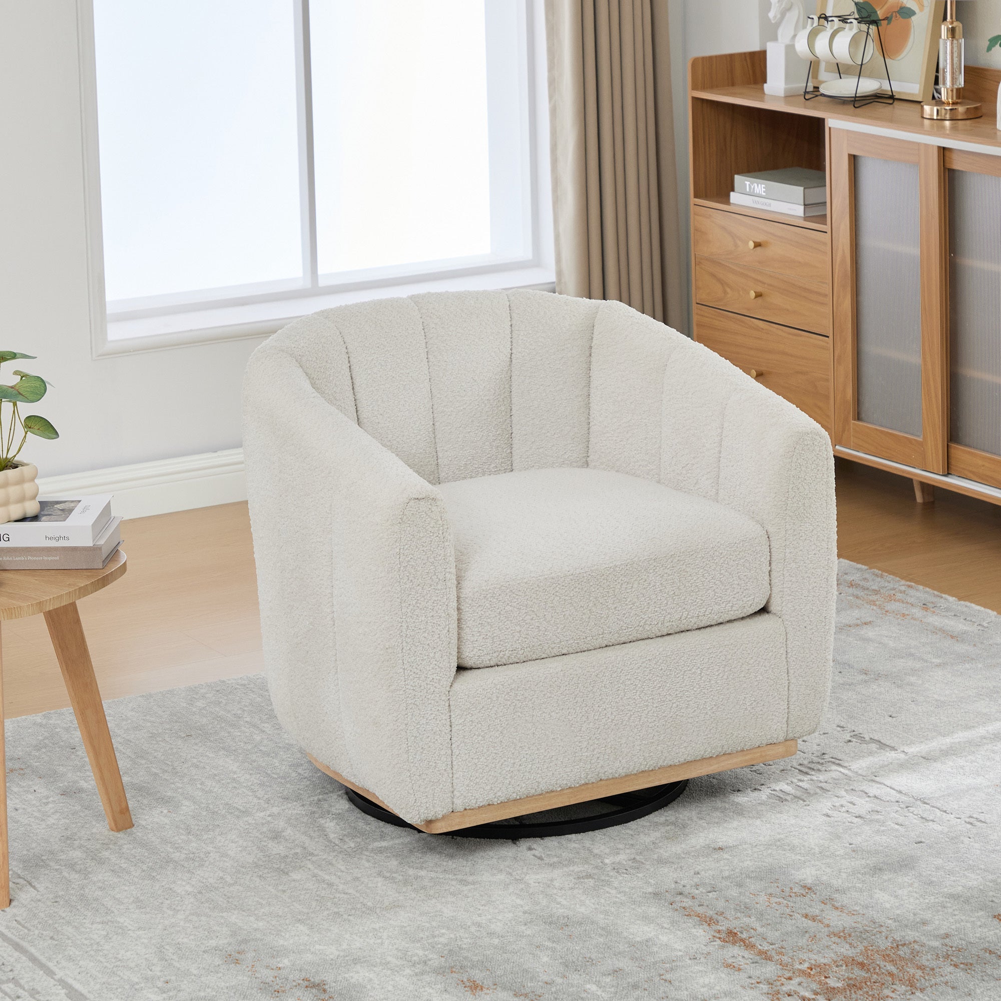Modern Ivory Chenille Cushioned Metal Base Swivel Barrel Chair, 32.28' Wide Upholstered Tufted Pumpkin-Shape Club Armchair