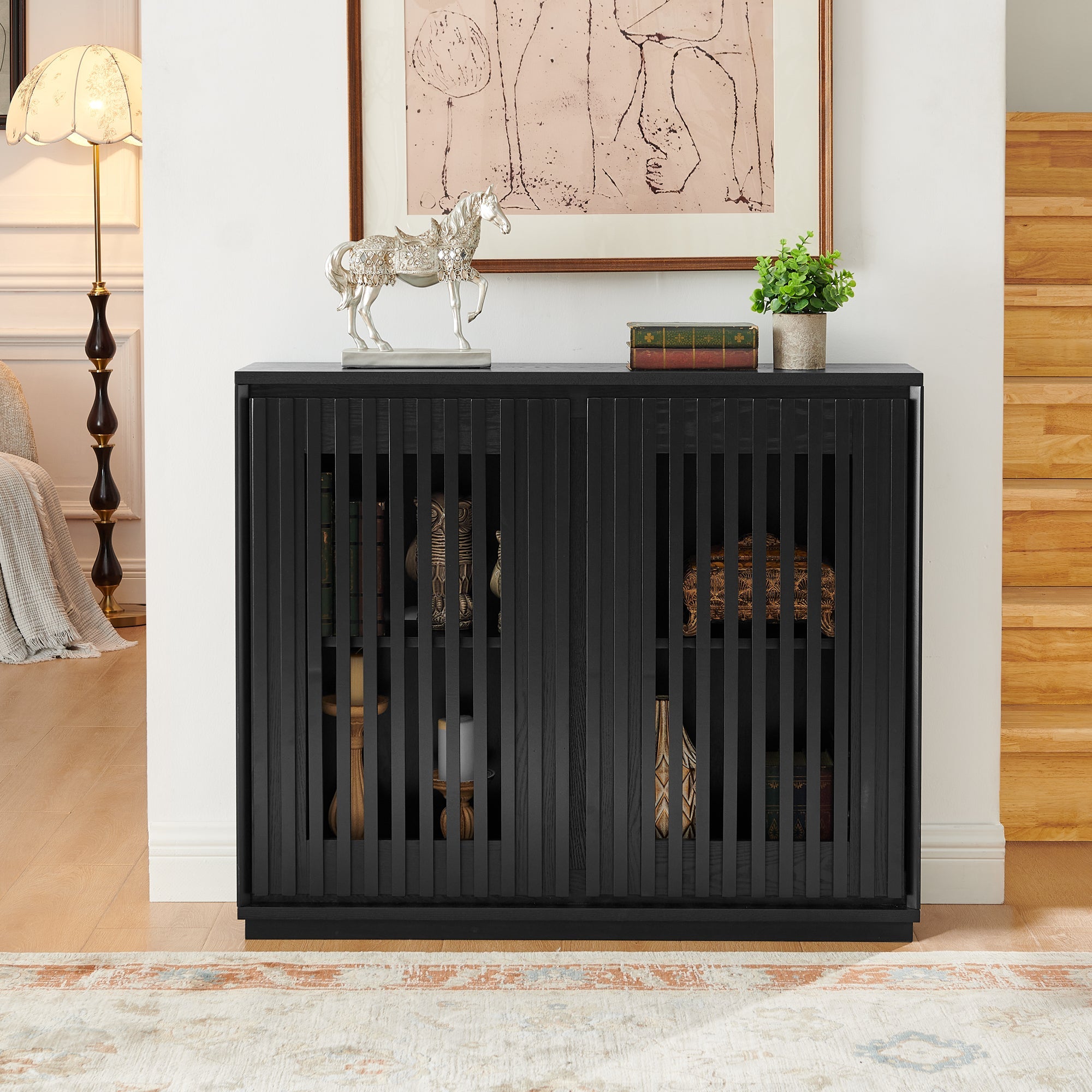 Mid Century Modern Fluted Hollowed Out Sideboard Cabinet with 2 Outlet Holes, Buffet Cabinet with Storage, Black Storage Cabinet for Living Room, Entryway, Hallway, Dining Room, Kitchen