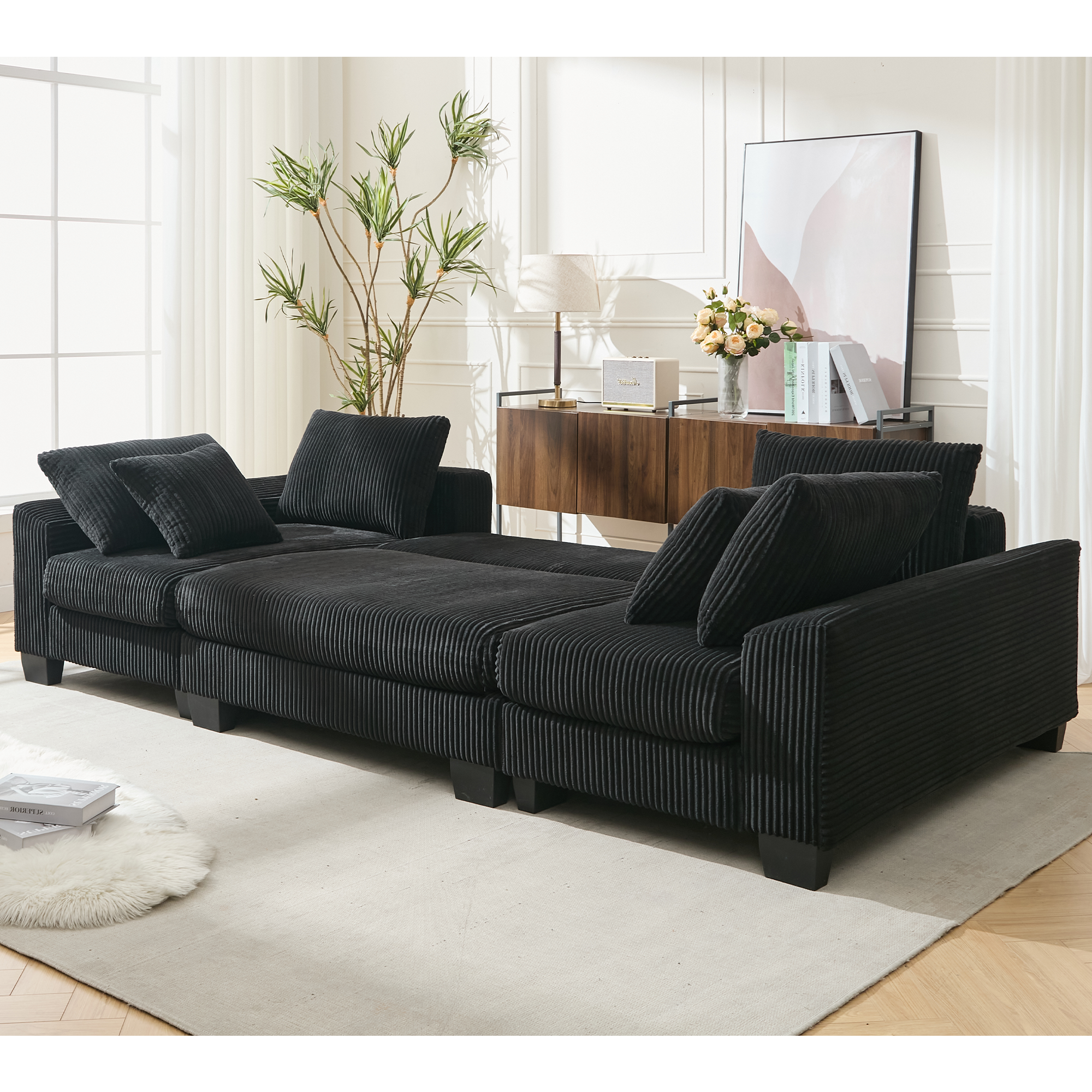 [NEW ARRIVED] [VIDEO PROVIDED]   114' Sleeper Sofa,U Shaped Sofa , Pull Out Bed,Convertible Oversize 2 in 1 Sleeper Sofa, Living Room,Upholstery Sofa Bed,Adjustable Sleeper Sofa,Corduroy,Black
