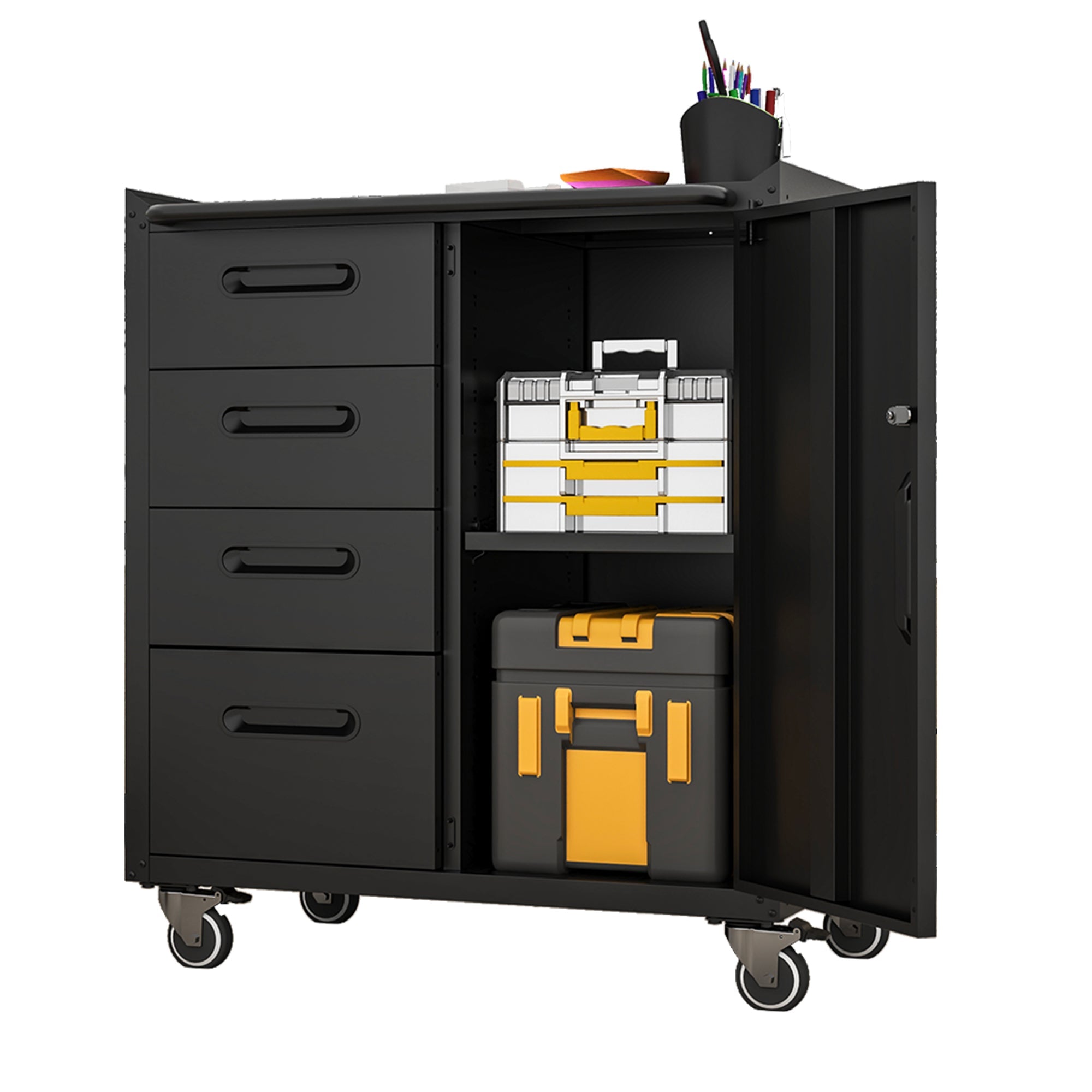 Sturdy Metal Tool Storage Cabinet with Wheels - Heavy-Duty Garage and Office Organizer, Black/Gray, Steel
