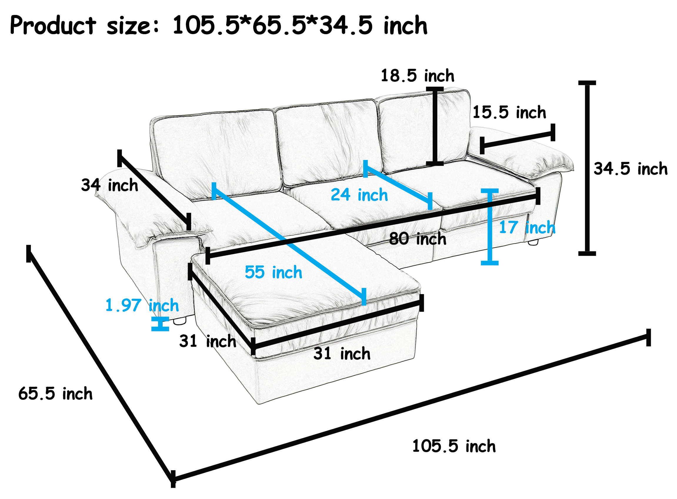FX-P20M-3S0-BK (3S&Ottoman SOFA)105.5inch Upholstered L-Shaped Sectional Sofa with Storage , Modern Fabric Couch with Deep Cushions, Space-Saving Sofa for Apartment & Living Room