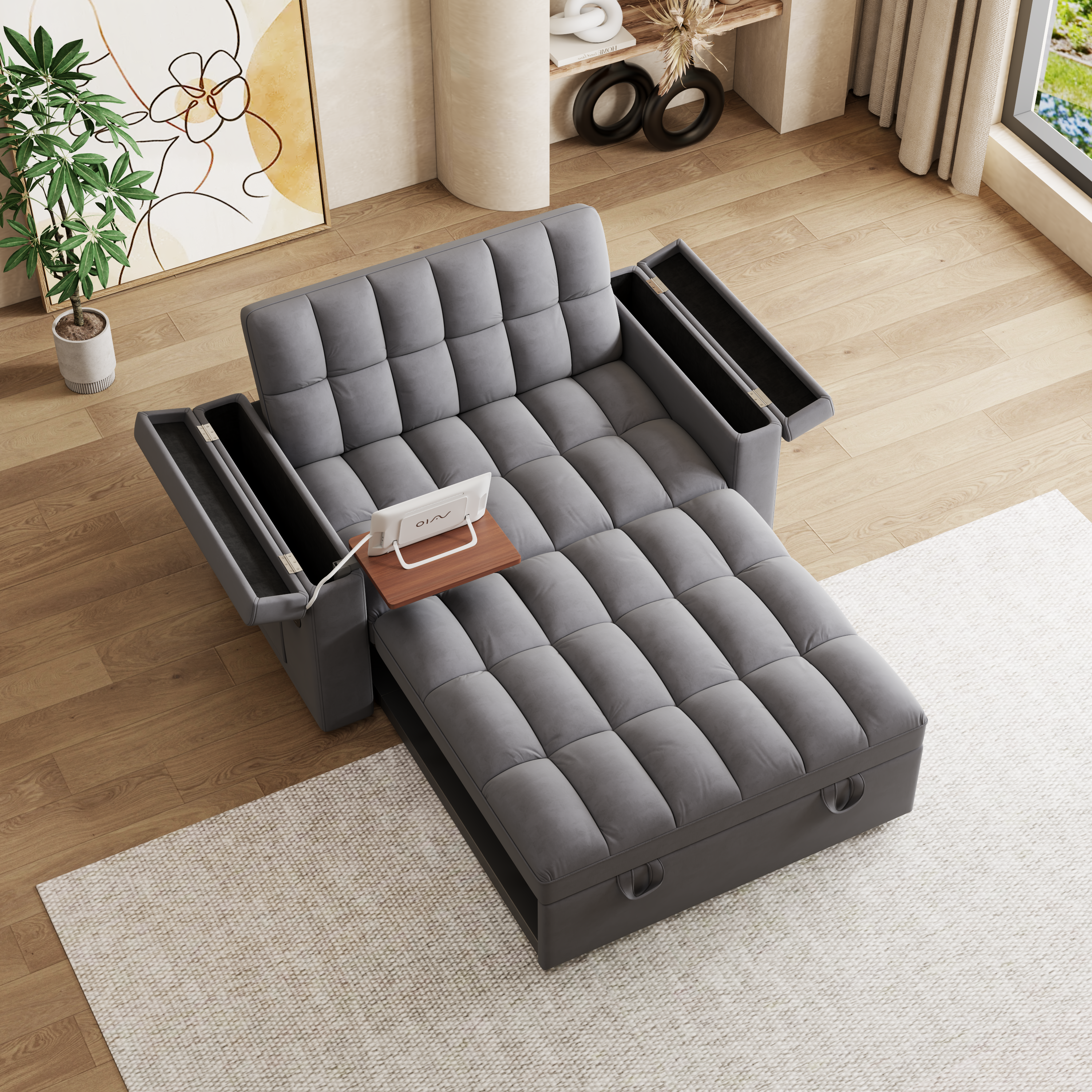 65-inch 3-in-1 foldable large-sized computer desk sofa bed, modern velvet double sofa, sofa bed with adjustable backrest, storage bag and pillow, hidden living room laptop desk, with USB port