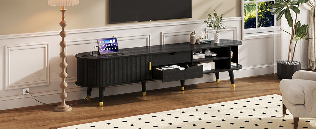 [Assembly Video]Wooden Oval Fluted TV Stand with Charging Station for TV up to 80', Mid-Century Media Console with Sliding Tambour Door, Farmhouse TV Cabinet with Golden Handle for Living Room, Black