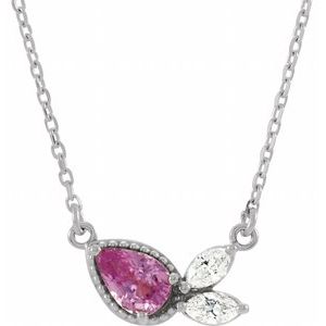 14K White Gold Natural Pink Sapphire & 1/6 CTW Natural Diamond 18" Necklace