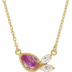 14K Yellow Gold Natural Pink Sapphire & 1/6 CTW Natural Diamond 16" Necklace