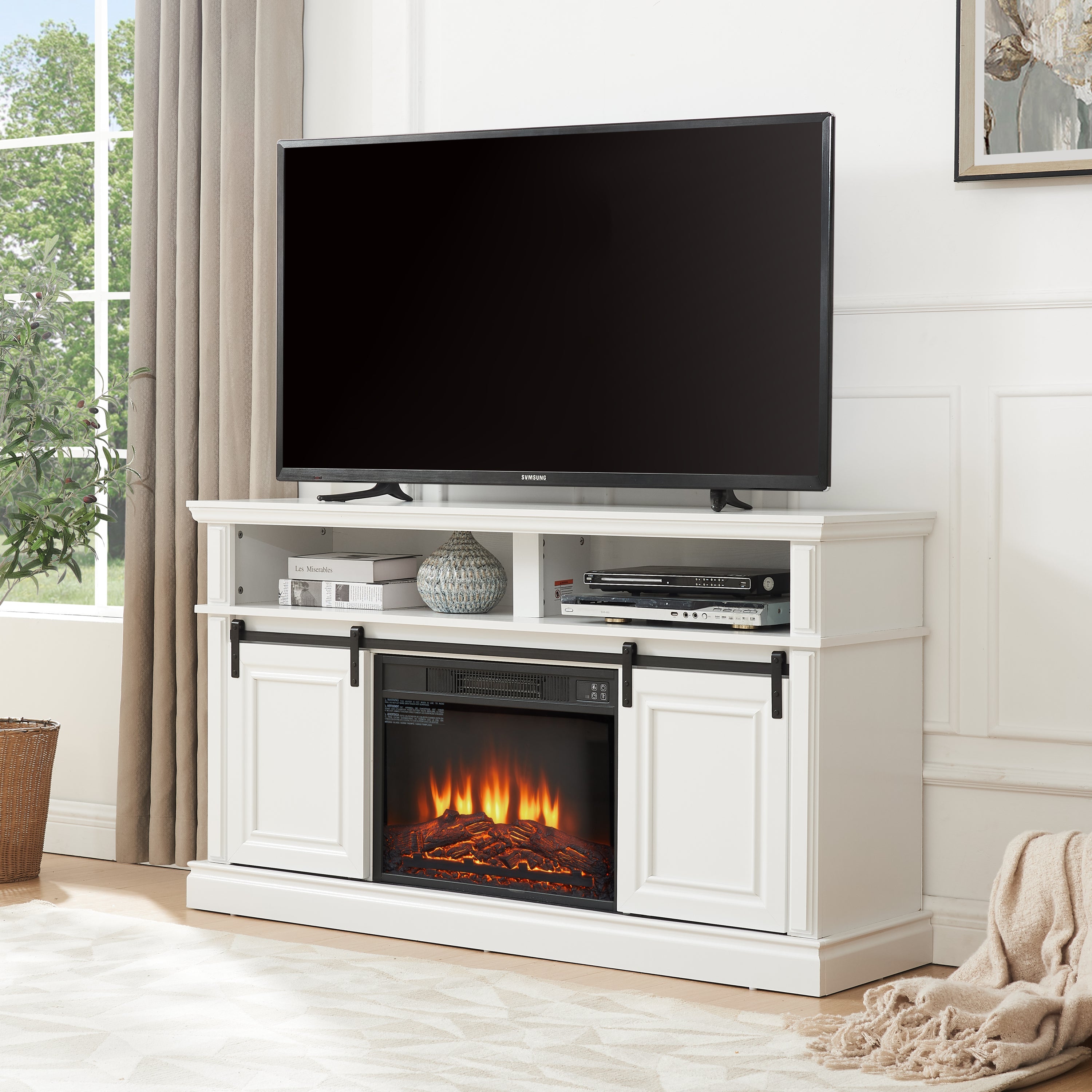 Media Console Table with Storage Cabinet, Mid Century Modern TV Console with 23' Fireplace Insert, Multipurpose Sliding Door TV Cabinet  Large Storage Space, 58.11'W*15.79'D*32.36'H Antique White