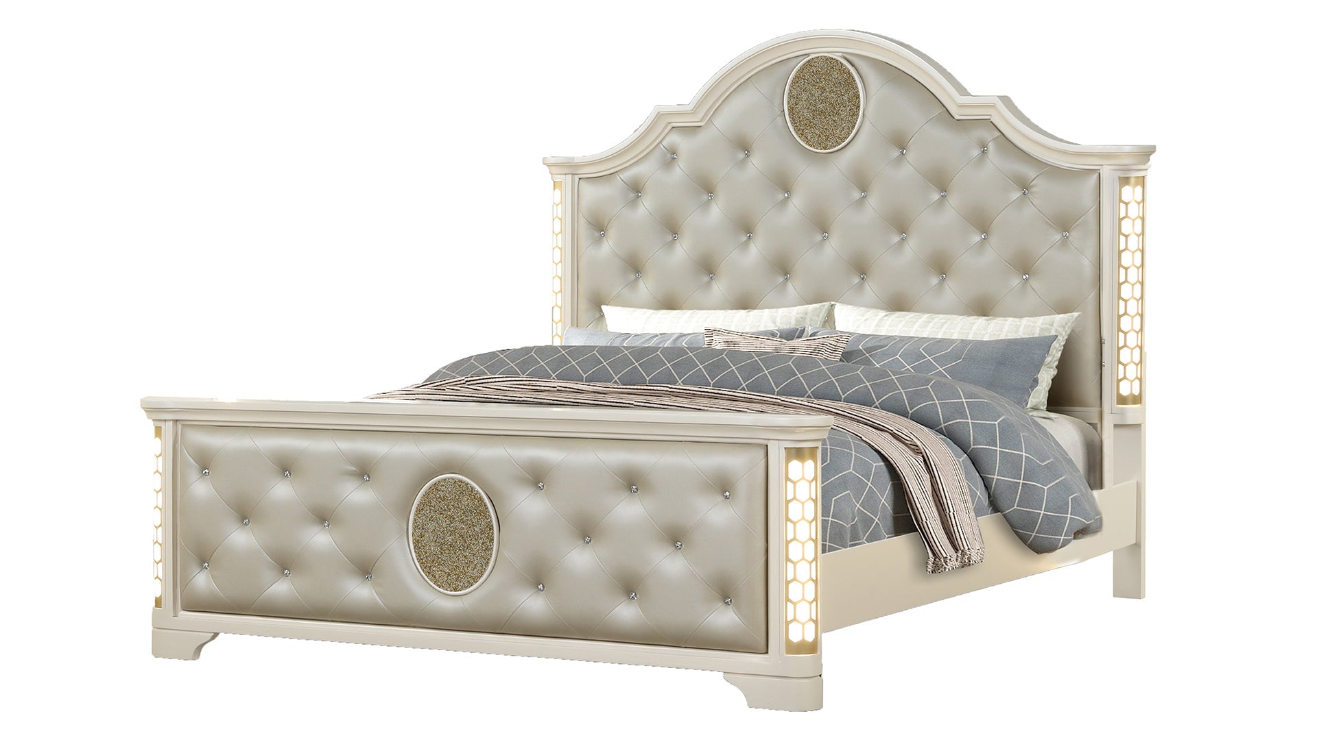 JASMINE Queen 5 Pc Unique LED Vanity Bedroom Set made with Wood in Beige (NJ INVENTORY)