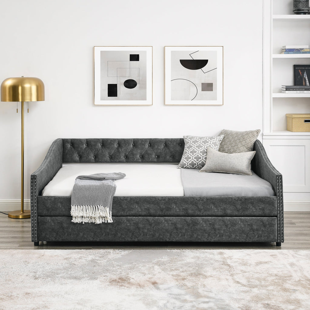 Full Size Daybed with Twin Size Trundle Upholstered Tufted Sofa Bed, with Button on Back and Copper Nail on Waved Shape Arms,Grey (80.5'x55.5'x27.5')