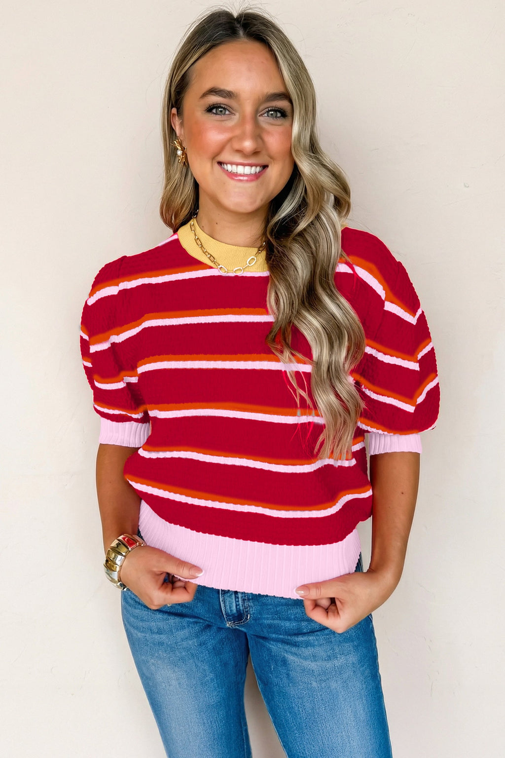 Stripe Colorblock Trim 3/4 Sleeve Sweater Top