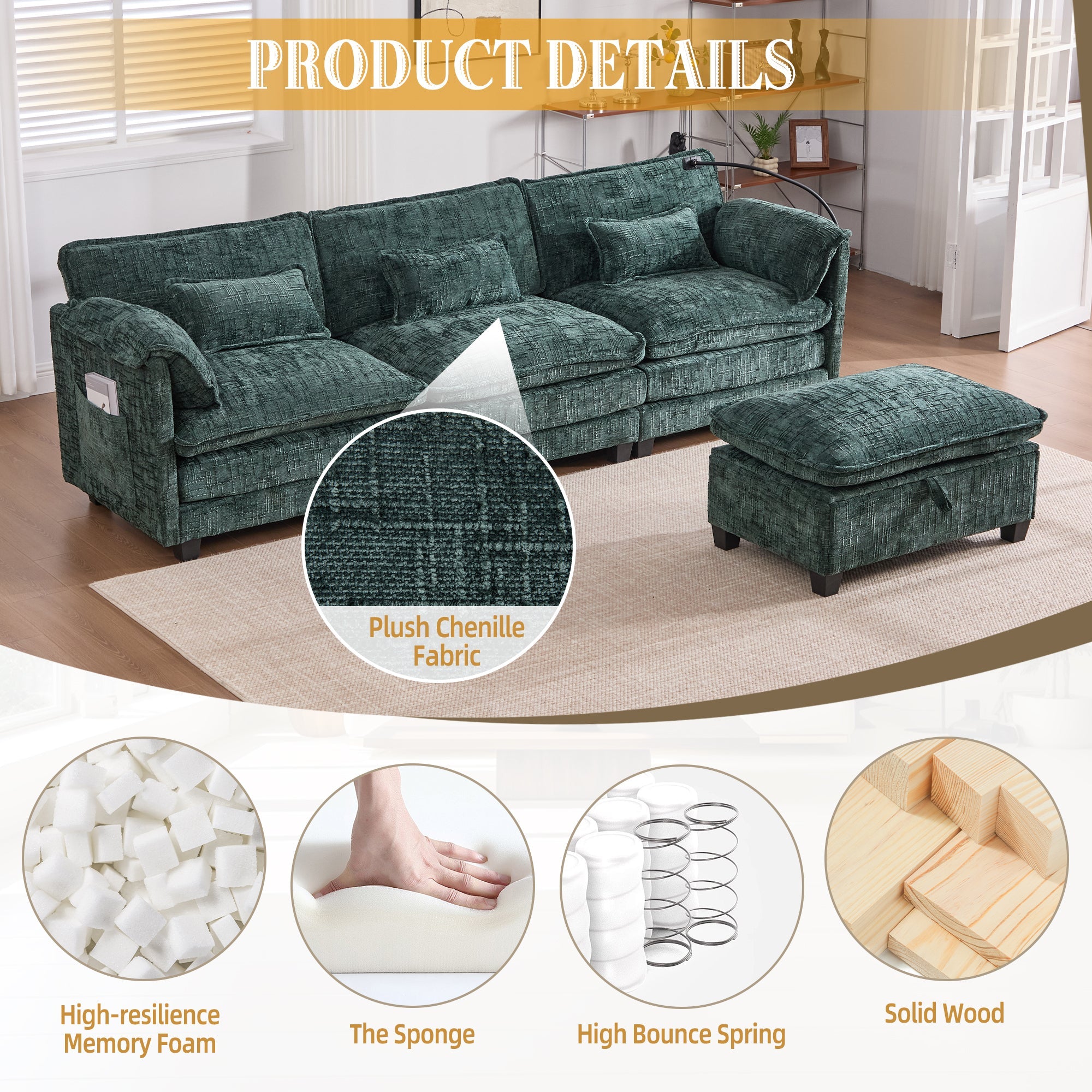 UNITED WE WIN 112' Oversized Sectional Sofa Cloud Couch for Living Room, Modern Chenille L Shaped Couch, Comfy Boucle Modular Sofa Sleeper with Movable Storage Ottoman, Phone Holder, USB Charging Port