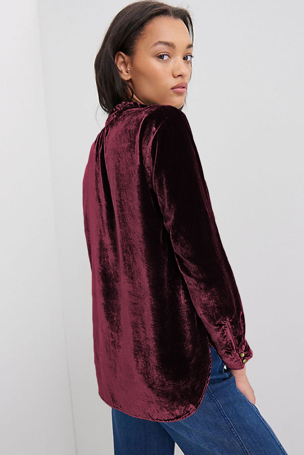 Red Velvet Frilled Buttoned V Neck Blouse Elegant Top