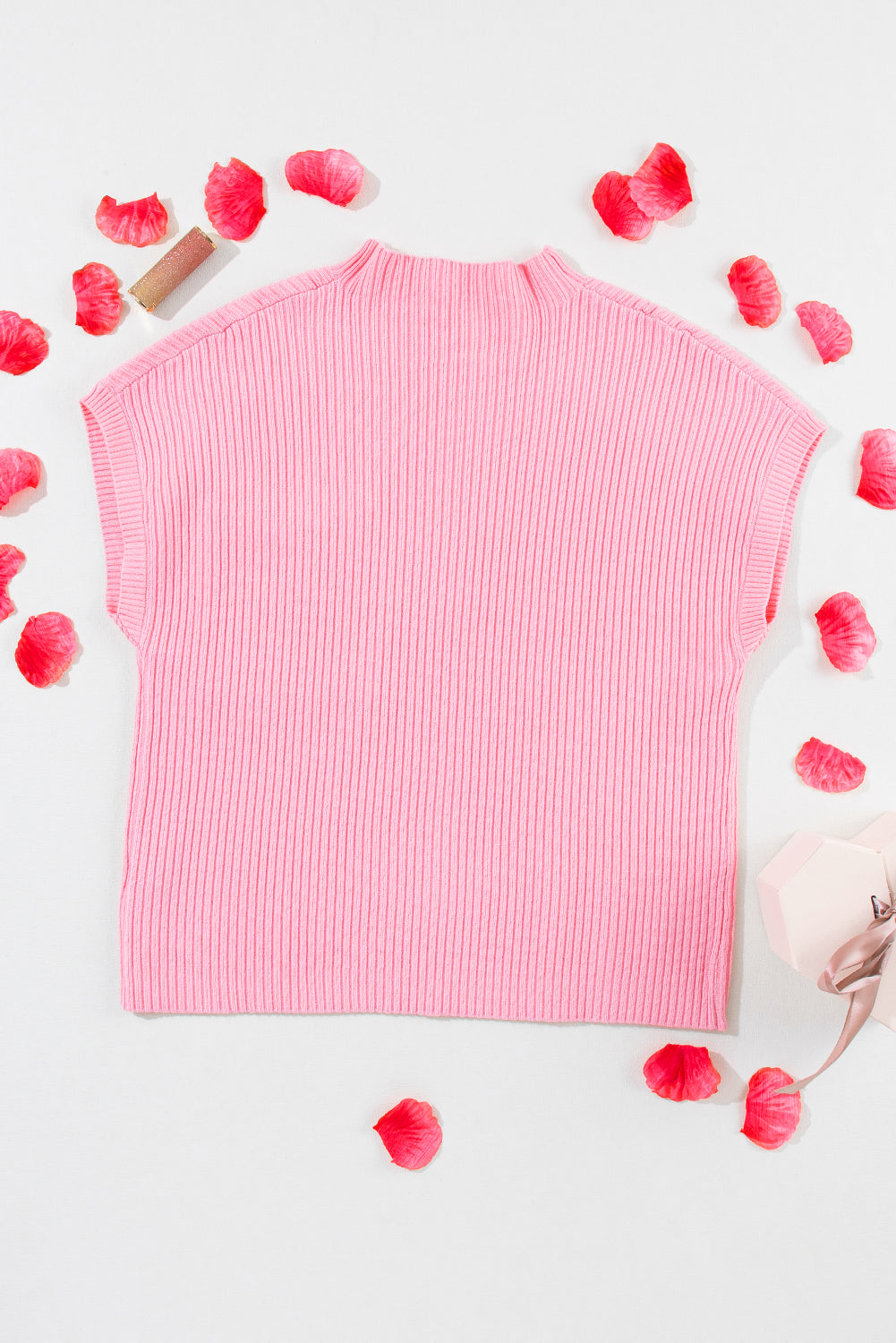 Solid Ribbed Knit Patch Pocket Short Sleeve Sweater