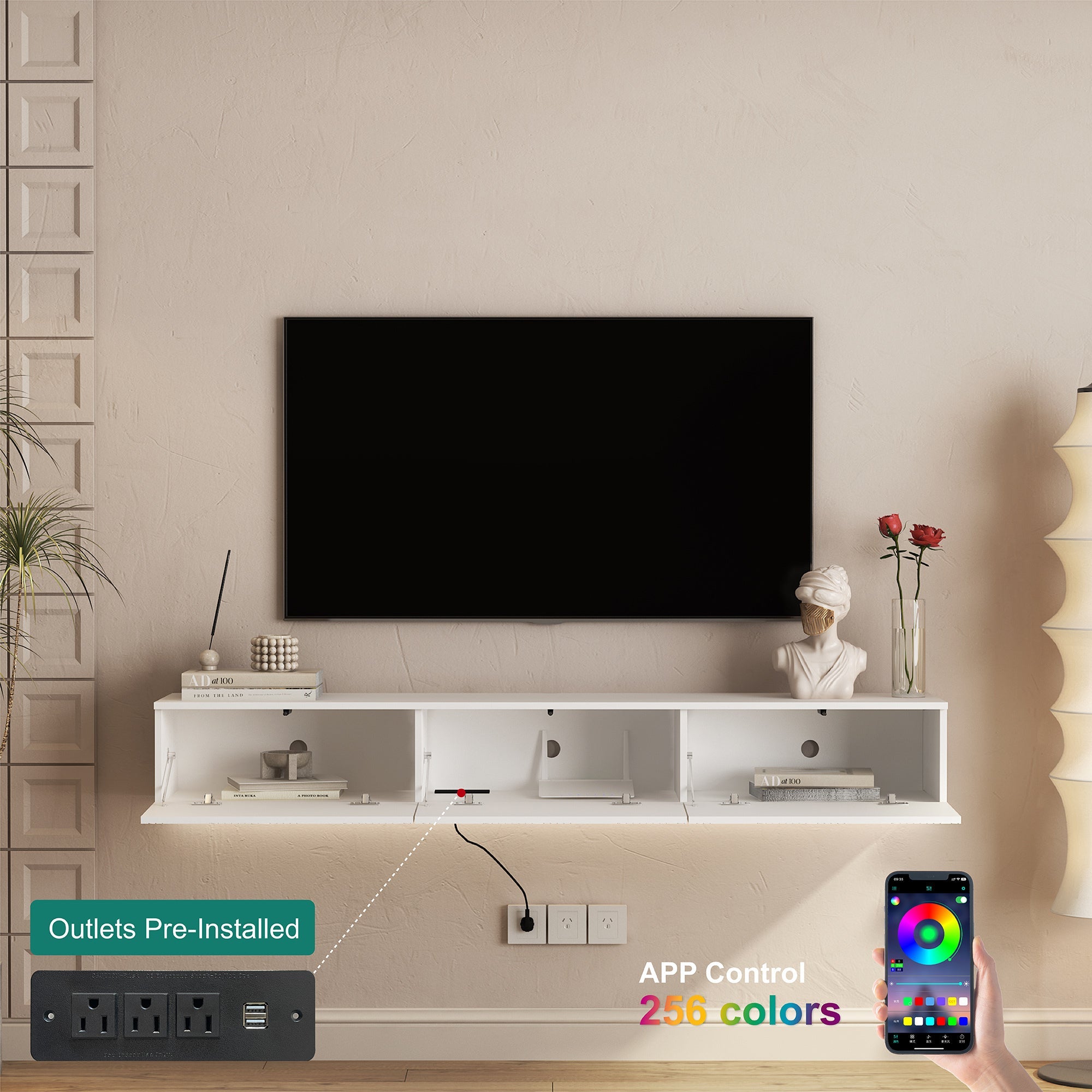 Floating TV Stand Wall Mounted with 16 Color LEDs,67' Modern TV Stand, Floating TV Cabinet Entertainment Center for 55 60 65 Inch TV,White