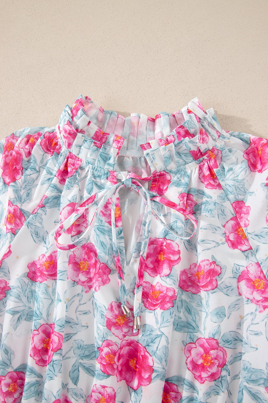 Floral Tie V-Neck Puff Sleeve Midi Dress