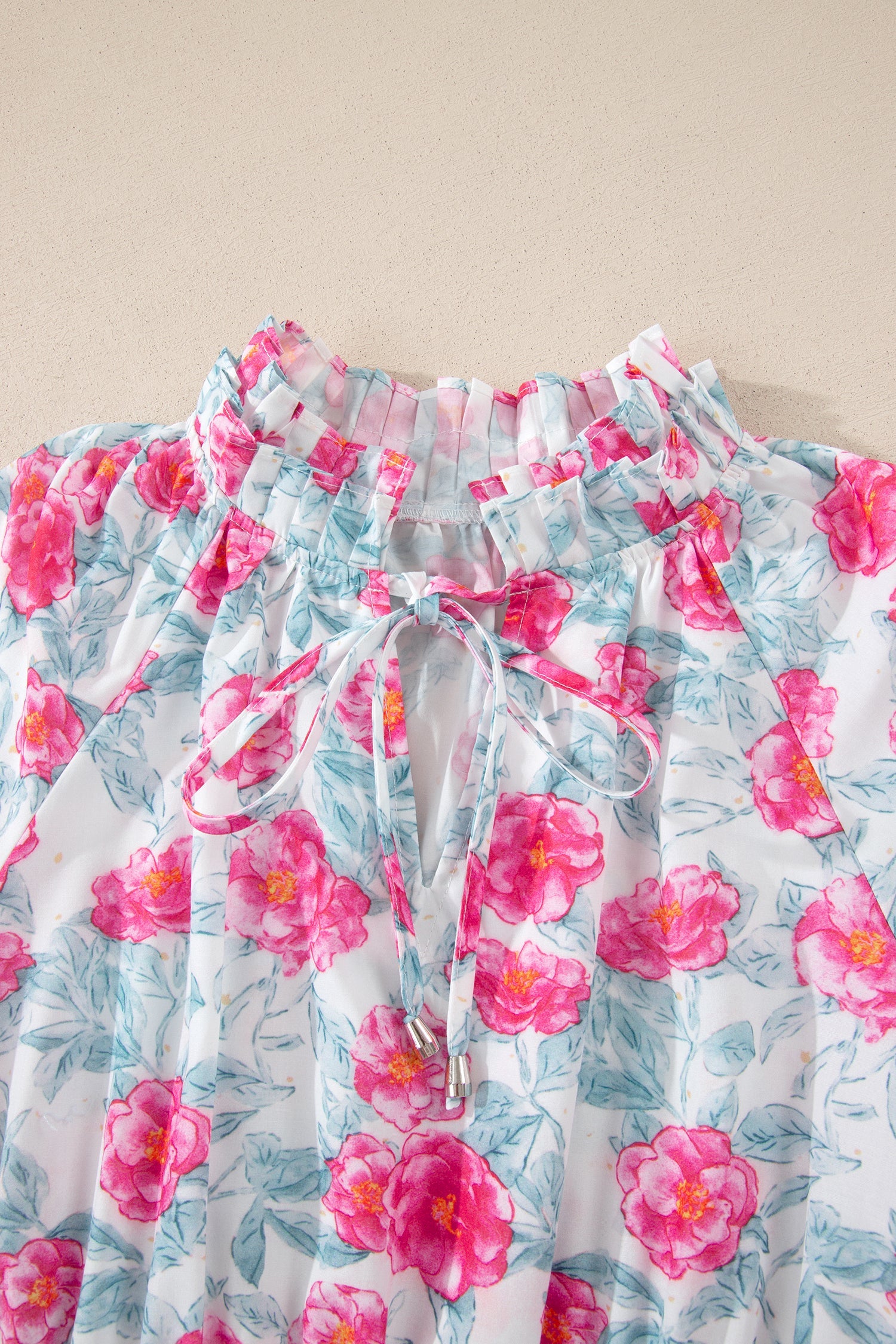 Floral Tie V-Neck Puff Sleeve Midi Dress