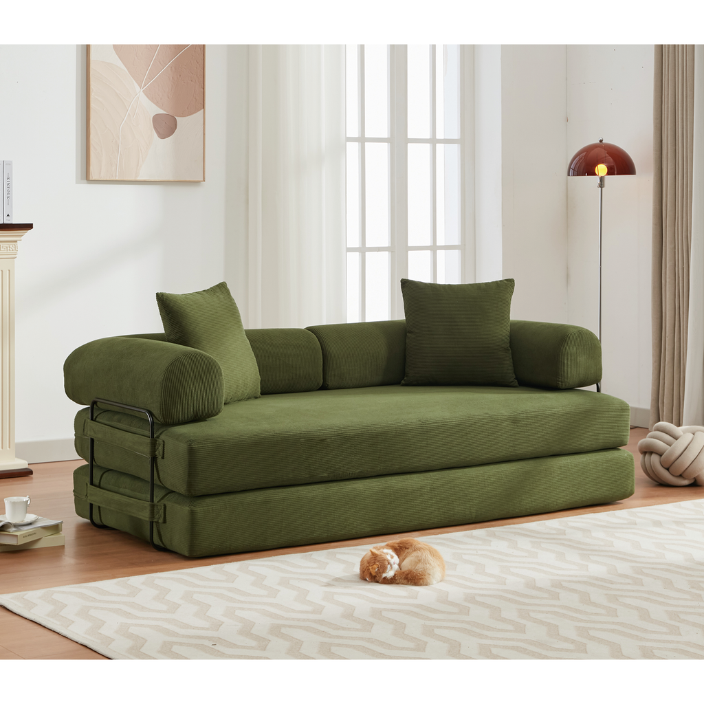 [NEW ARRIVED] [VIDEO PROVIDED] 78.5' Folding Convertible Out Sleeper Sofa Bed,4-in-1 DIY Combination Convertible  Sofa, 3 seat, Folding Sleeper Sofa, King Size , Bedroom,Apartment,Corduroy,Green