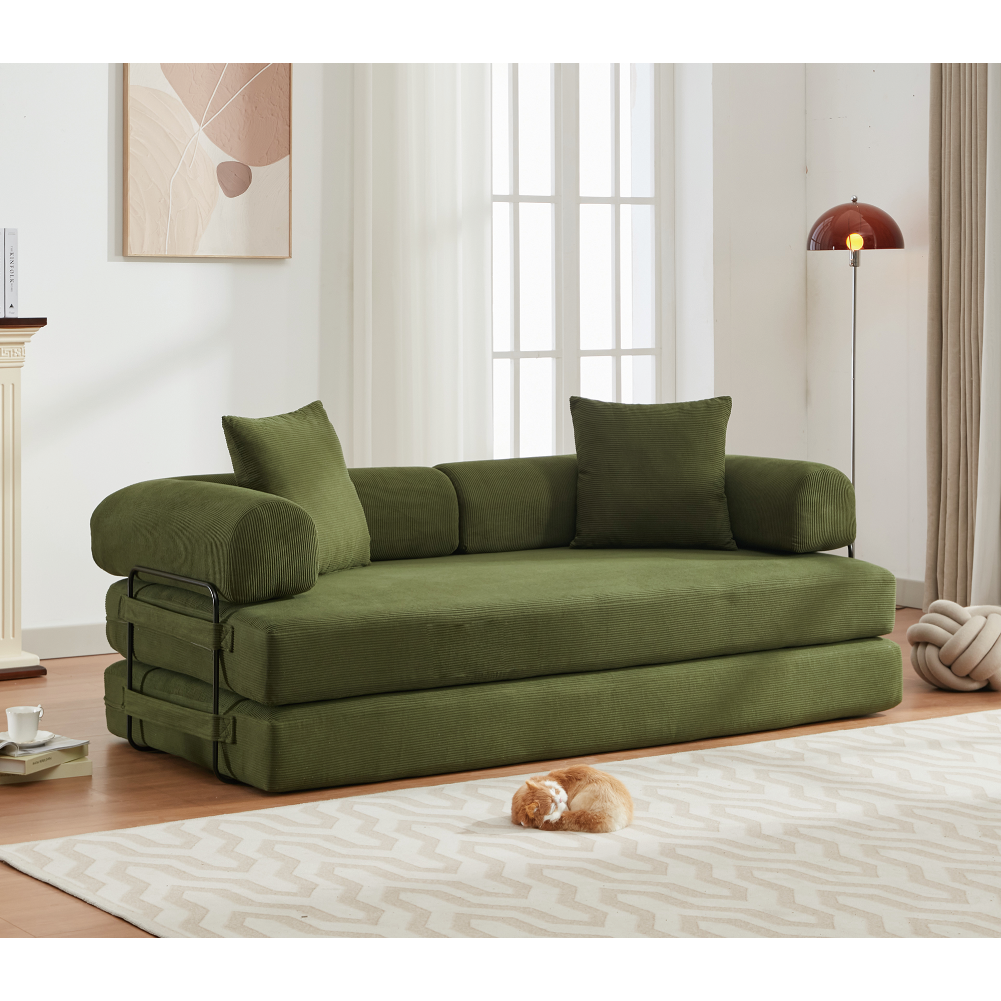 [NEW ARRIVED] [VIDEO PROVIDED] 78.5' Folding Convertible Out Sleeper Sofa Bed,4-in-1 DIY Combination Convertible  Sofa, 3 seat, Folding Sleeper Sofa, King Size , Bedroom,Apartment,Corduroy,Green