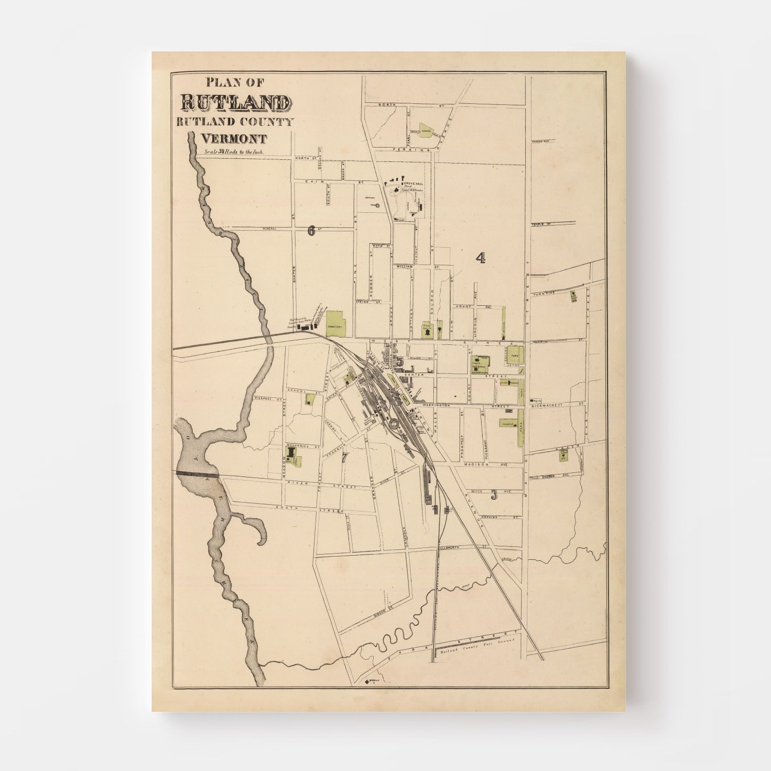 Vintage Map of Rutland, Vermont 1876