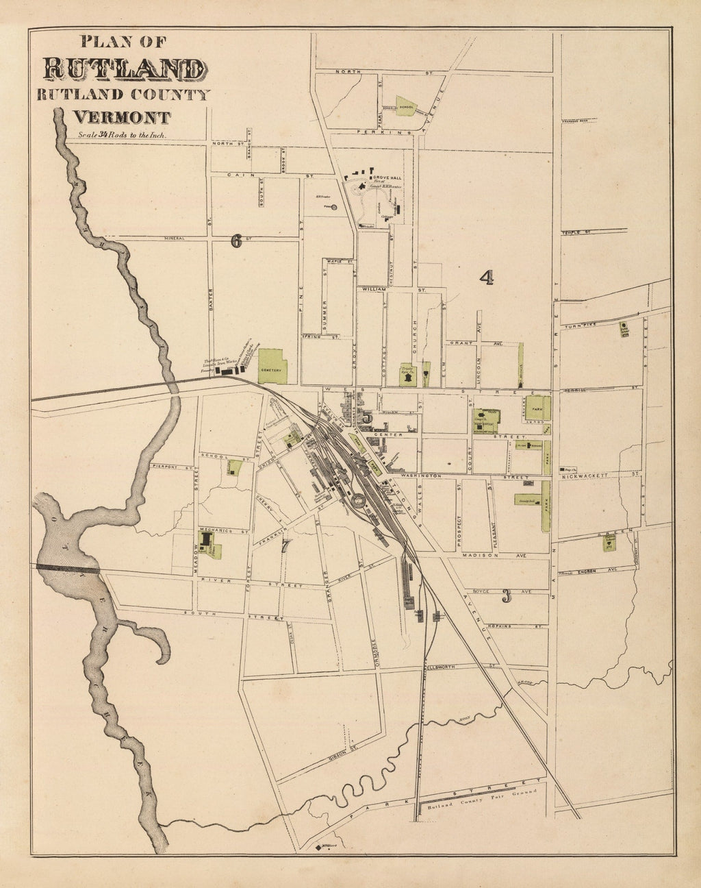 Vintage Map of Rutland, Vermont 1876