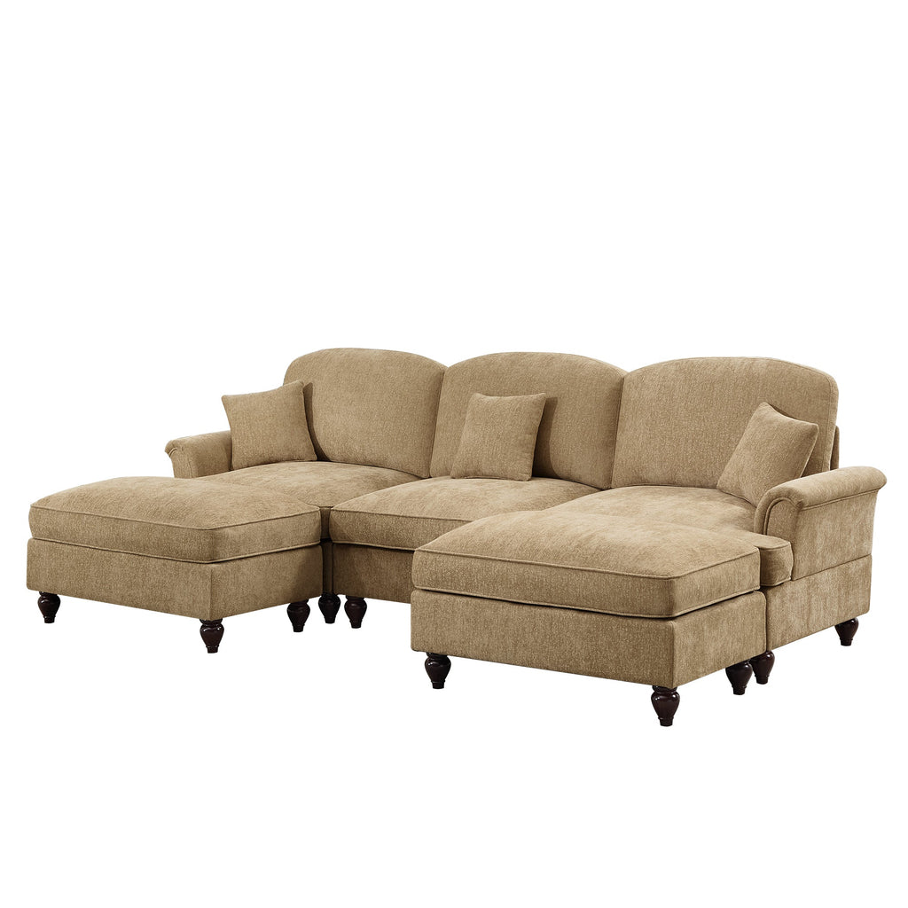 Classic Comfy Modular U Shape Sectional Sofa Couch with Flared Arms and Removable Ruffles Pleats Skirts and Spindle Legs, Upholstered Chenille Deep Seat Cloud Sofa with Movable Ottomans, Light Coffee